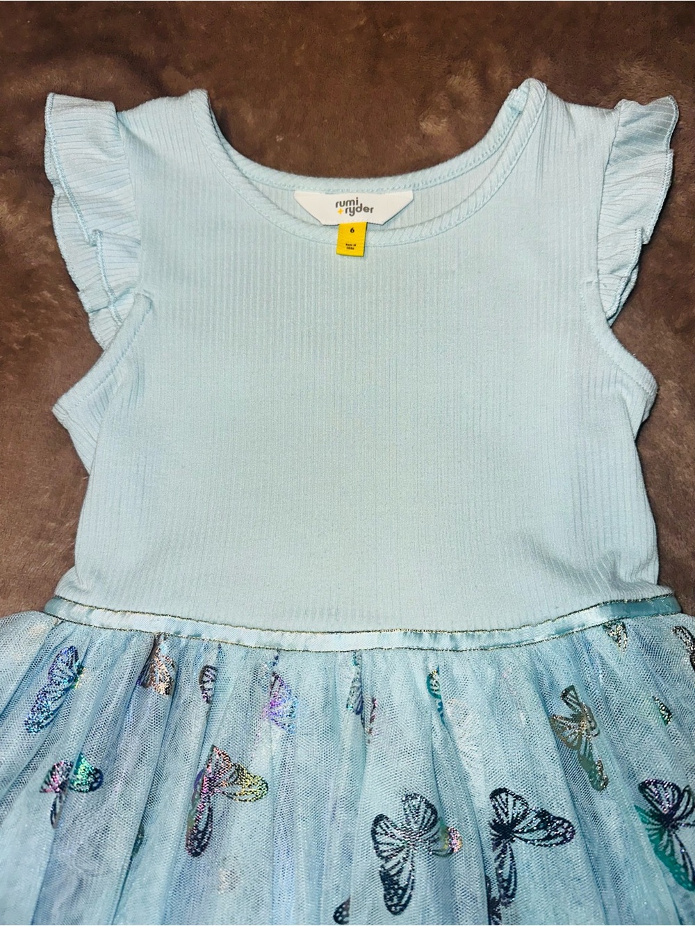 Girls Light Blue Butterfly Tulle Party Dress with Flutter Sleeves - Picture 4 of 4